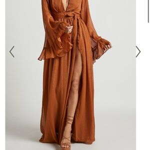 Showpo Dangerous Woman Maxi Dress - Plunge Thigh Split Dress In Rust